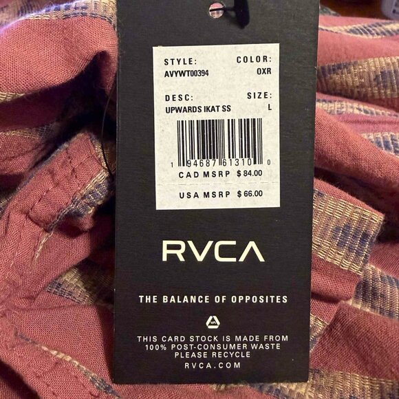 RVCA Upwards Ikat Button-Down Shirt | Size L | Rust Red Geometric | NWT - Picture 3 of 6